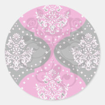 magent pink black white henna damask round stickers