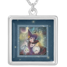 Magical Witch Blue Silver Square Necklace