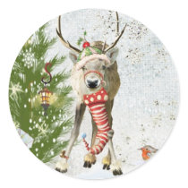 Magical Woodland Christmas Baby Reindeer Seals Round Sticker