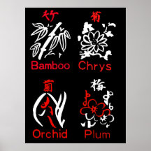 Mahjong Flower Suits, Red & White on Black Poster