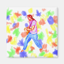 Male acoustic guitar player pink shirt  jeans fridge magnet