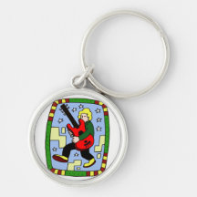 Male figure carrying red bass graphic keychains