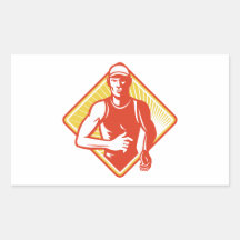 Male Marathon Runner Running Retro Woodcut Rectangle Stickers