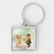 Male pig gives a bouqet of flowers to a female pig keychain
