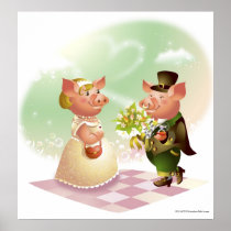 Male pig gives a bouqet of flowers to a female pig posters