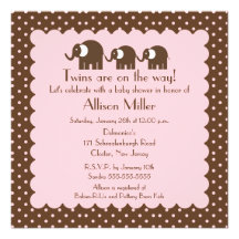 Mama & Twin Girls Baby Elephant Baby Shower Custom Invite
