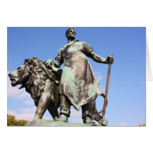 Man and lion statues card
