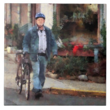 Man Crossing Street With Bicycle Ceramic Tile