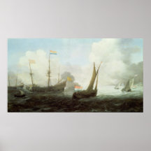 Man-o'-War Firing a Salute, 17th century Poster