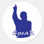 man pointing up shadow speak text blue white round stickers
