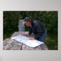 MAN READING MAP With Bear Proof  Trash Can Poster