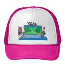 Man relaxing in a bathtub blowing bubbles mesh hats