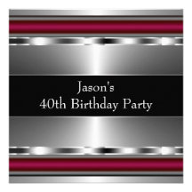 Mans Black Red Silver Classy 40th Birthday Party Custom Announcements