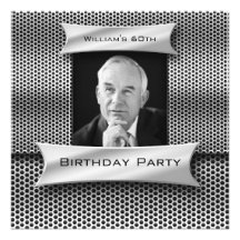 Mans Vintage 60th Silver Metal Black Birthday Custom Invite