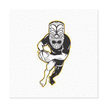 Maori Mask Rugby Player Running With Ball Fending Stretched Canvas Print