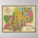 Map of Louisiana, Mississippi and Alabama Poster