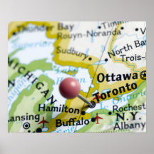 Map pin placed on Toronto, Canada on map, Print