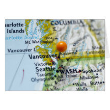 Map pin placed on Vancouver, Canada on map, Card