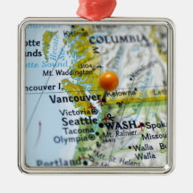 Map pin placed on Vancouver, Canada on map, Christmas Ornaments