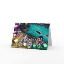 Mardi Gras Beads & Green Feather Mask Card