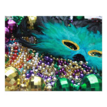 Mardi Gras Beads & Green Feather Mask Invitations