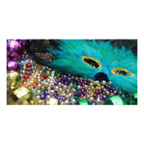 Mardi Gras Beads & Green Feather Mask Photo Card Template