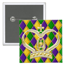Mardi Gras Harlequin Square Button with Crown