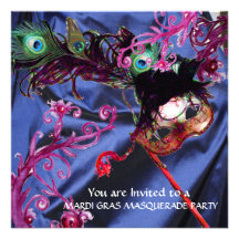 MARDI GRAS MASQUERADE PARTY, BLUE SILK CLOTH PERSONALIZED ANNOUNCEMENT