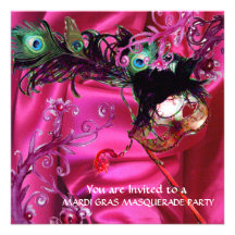 MARDI GRAS MASQUERADE PARTY, FUCHSIA SILK CLOTH PERSONALIZED INVITATION
