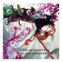 MARDI GRAS MASQUERADE PARTY, WHITE SILK CLOTH PERSONALIZED ANNOUNCEMENTS