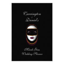 "Mardi Gras Wedding Shower" - Beaded Mask Pur/Gold Custom Announcement