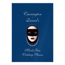 "Mardi Gras Wedding Shower" - Beaded Mask (Red/Blu Personalized Invites