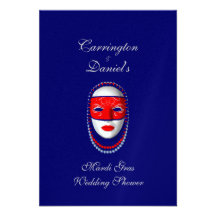 "Mardi Gras Wedding Shower" Beaded Mask-Red/Blue 2 Announcement