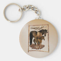 Mare and Baby in Wood Frame plain Keychains