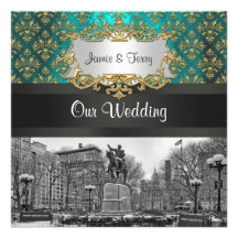 Mariage turquoise de la damassé 223 NYC d'or carré Faire-parts