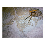 Marine chart and compass, divider post card