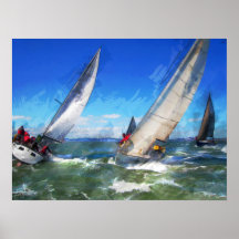Marker Sketch of Racing Sailboats in Rough Seas Print