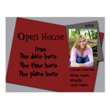 maroon (red) and grey open house invitation postcards