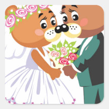Marriage teddy bears kissing square sticker