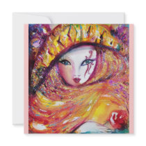 MASK IN YELLOW, MARDI GRAS PARTY purple red rose Custom Invitation