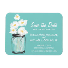 Mason Jar filled with White Daisies Save the Date Vinyl Magnets