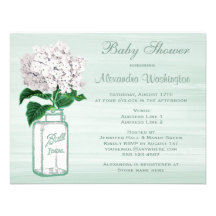 Mason Jar & Hydrangea Rustic Mint Baby Shower Custom Invitations