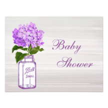 Mason Jar & Purple Hydrangea Chic Grey Baby Shower Announcements
