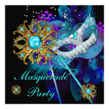 Masquerade Ball Party Teal Blue Black Masks Invitation