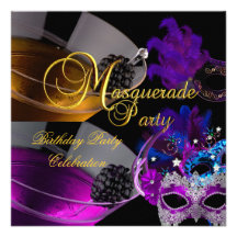 Masquerade Birthday Party Purple Pink Masks Personalized Announcements