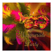 Masquerade Party Mask Black Gold Red Mardi Gras Invite
