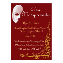 Masquerade, party, white, gold, red, classic custom invitations