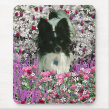 Matisse in Flowers - White & Black Papillon Dog Mouse Pads