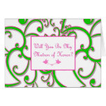 Matron of Honour Pink Green Greeting Cards