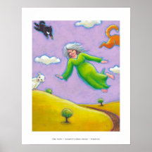 Maturity - Happy old woman flying with her dogs Poster
